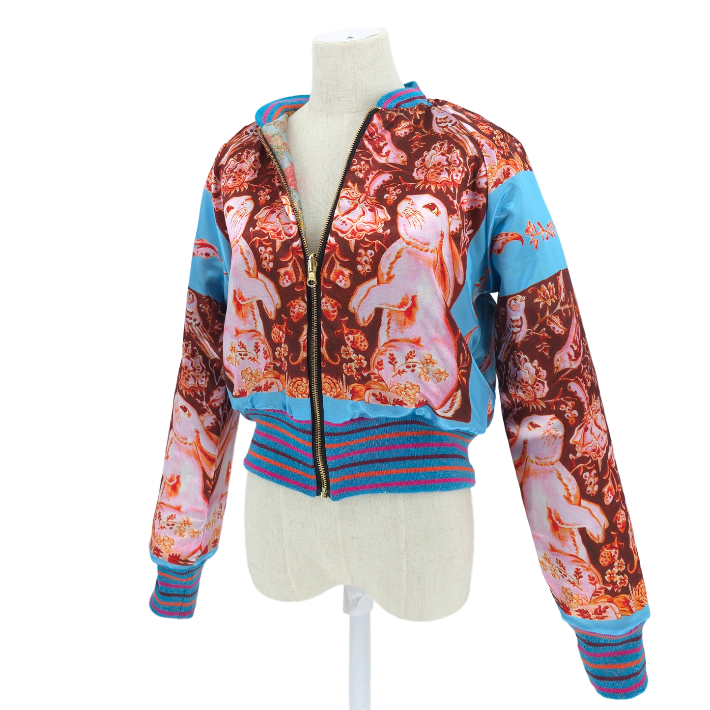 Medium Light Blue, Coral and Gold Flower Brocade