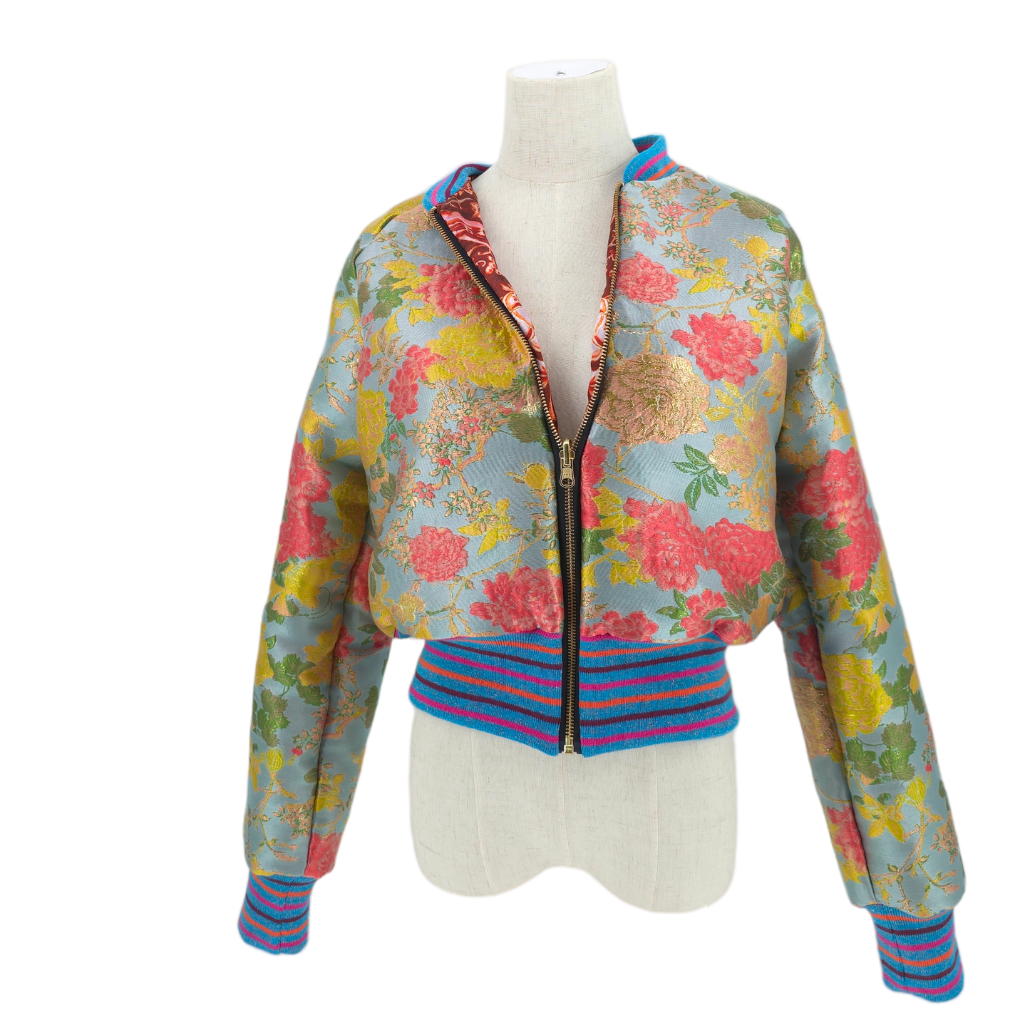Medium Light Blue, Coral and Gold Flower Brocade