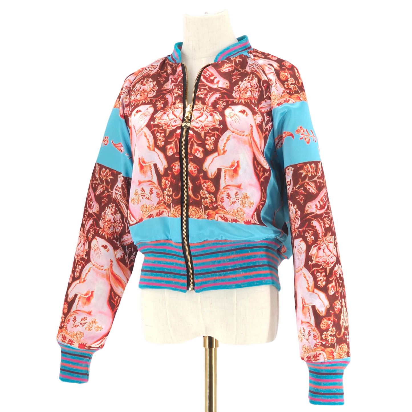 Large Light Light Blue, Coral and Gold Flower Brocade