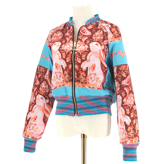 Large Light Blue, Coral and Gold Flower Brocade