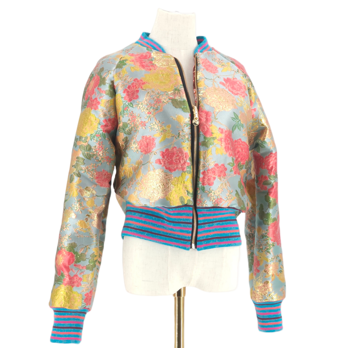 Large Light Light Blue, Coral and Gold Flower Brocade