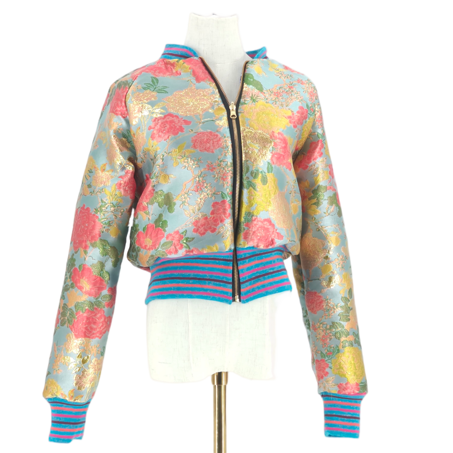 Large Light Light Blue, Coral and Gold Flower Brocade