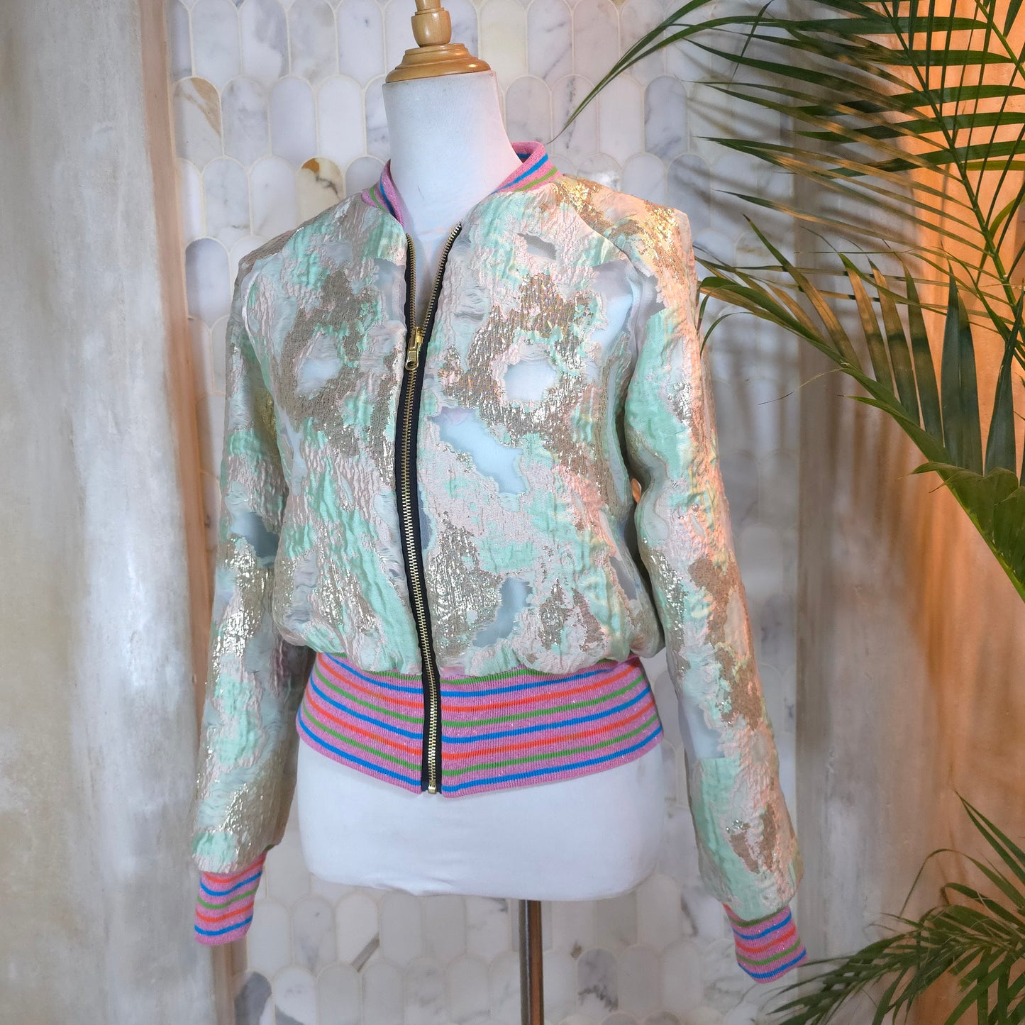 Medium Mint and Soft Pink Brocade