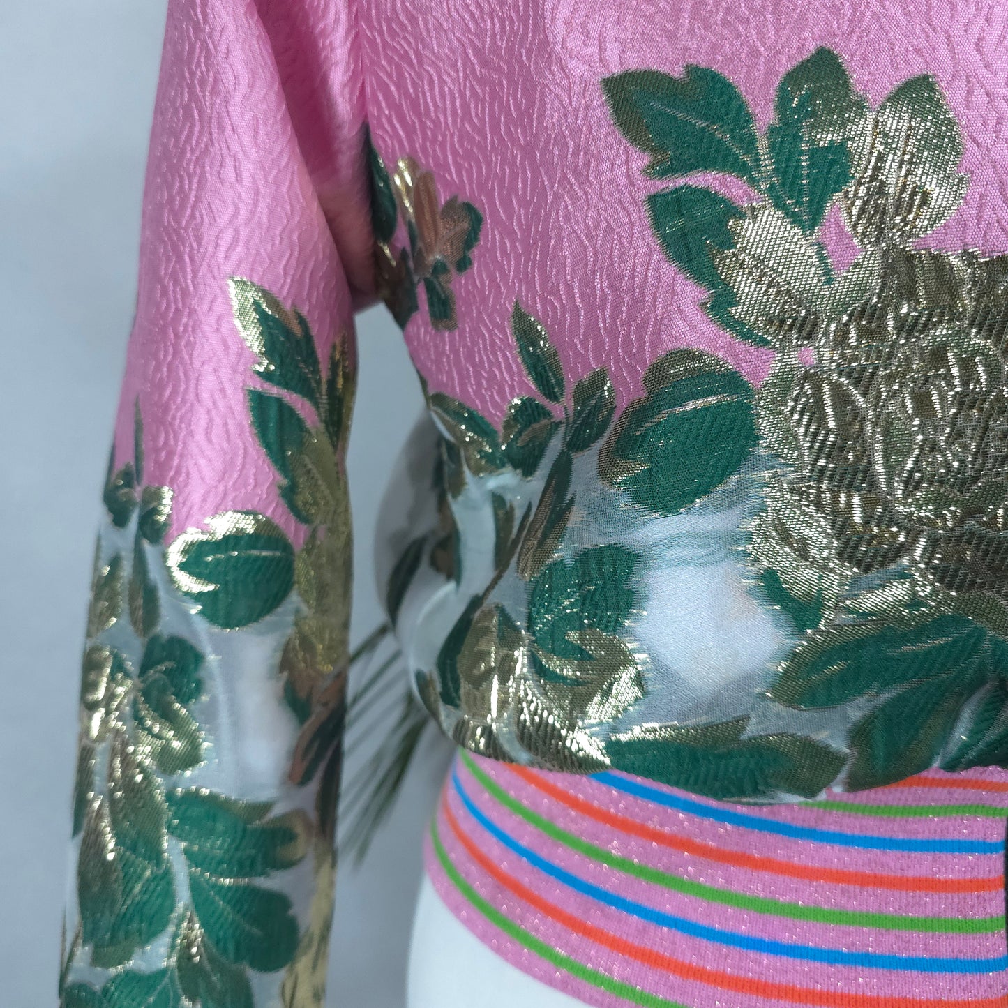 Small Candy Pink, Green and Gold Brocade
