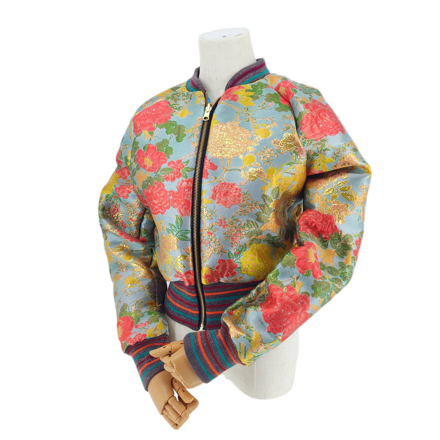 Small Light Blue, Coral and Gold Flower Brocade