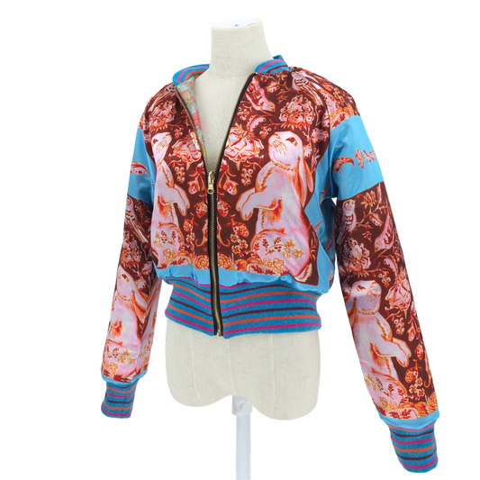 Medium Light Blue, Coral and Gold Flower Brocade
