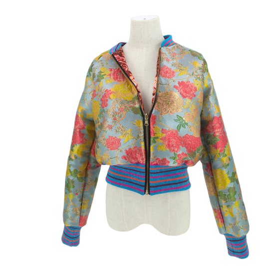 Medium Light Blue, Coral and Gold Flower Brocade
