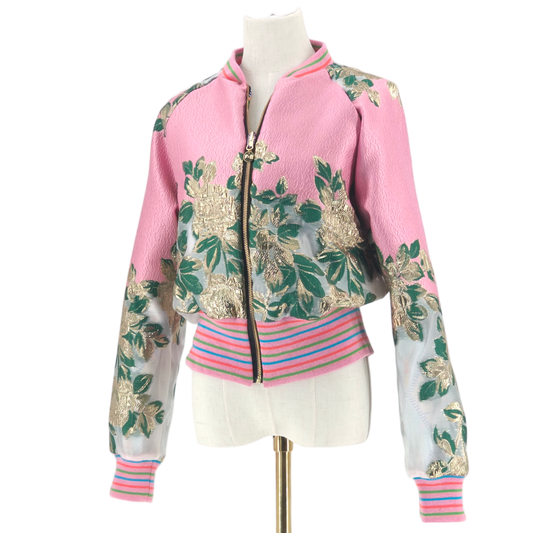Large Candy Pink, Green and Gold Brocade