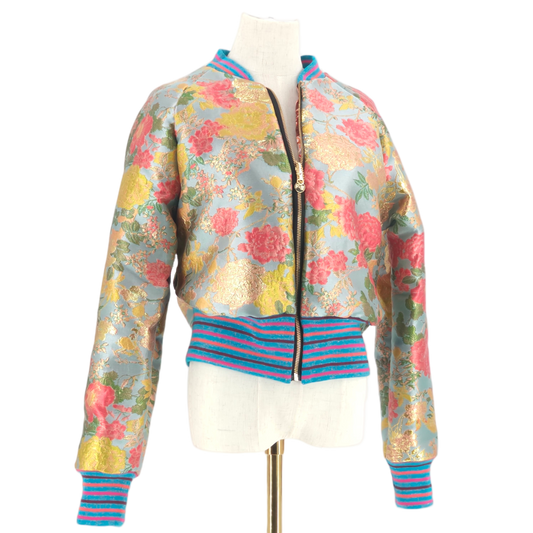Large Light Light Blue, Coral and Gold Flower Brocade