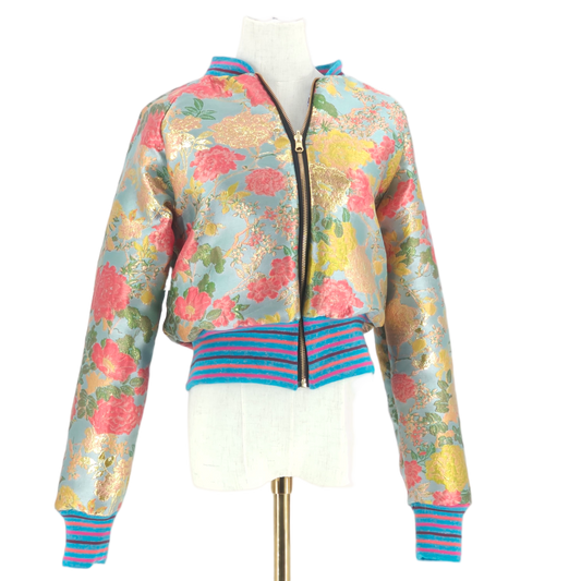 Large Light Light Blue, Coral and Gold Flower Brocade