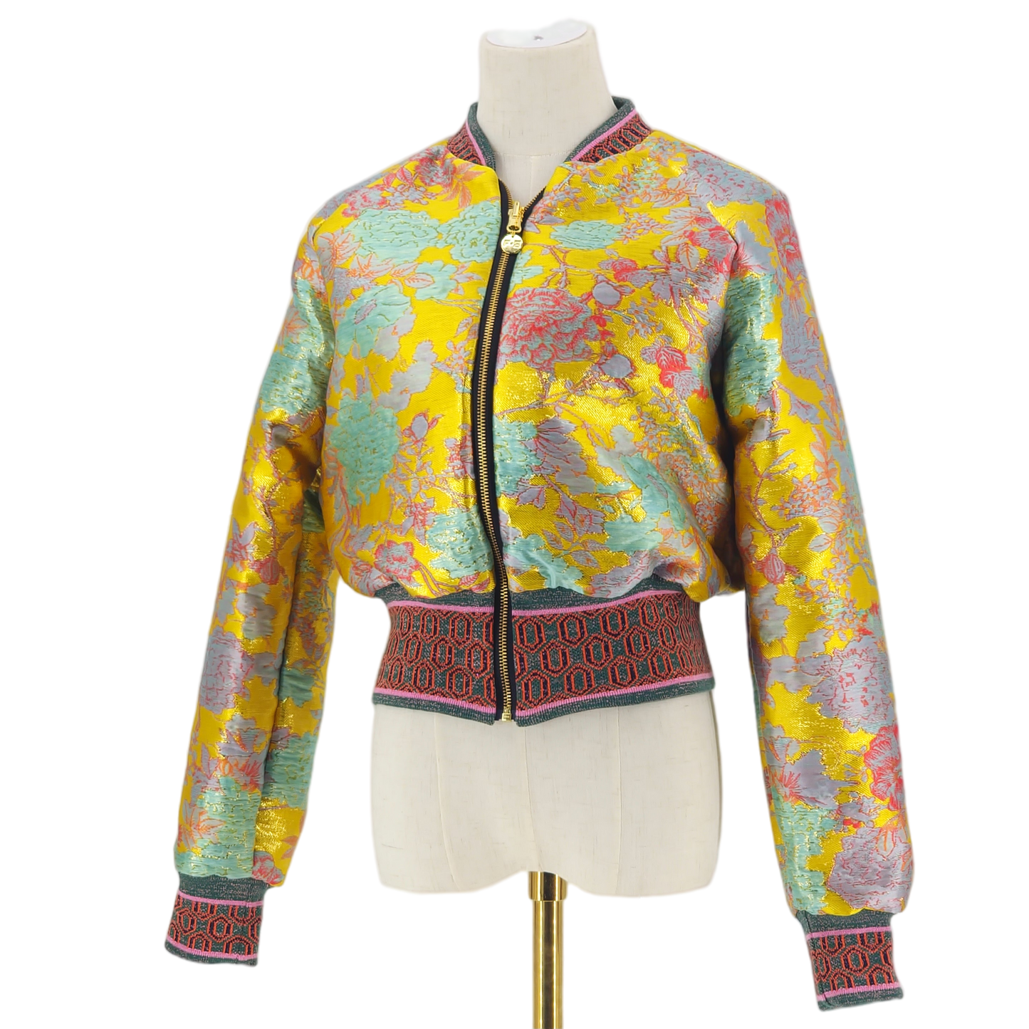 Medium Yellow, Mint Green and Pink Brocade