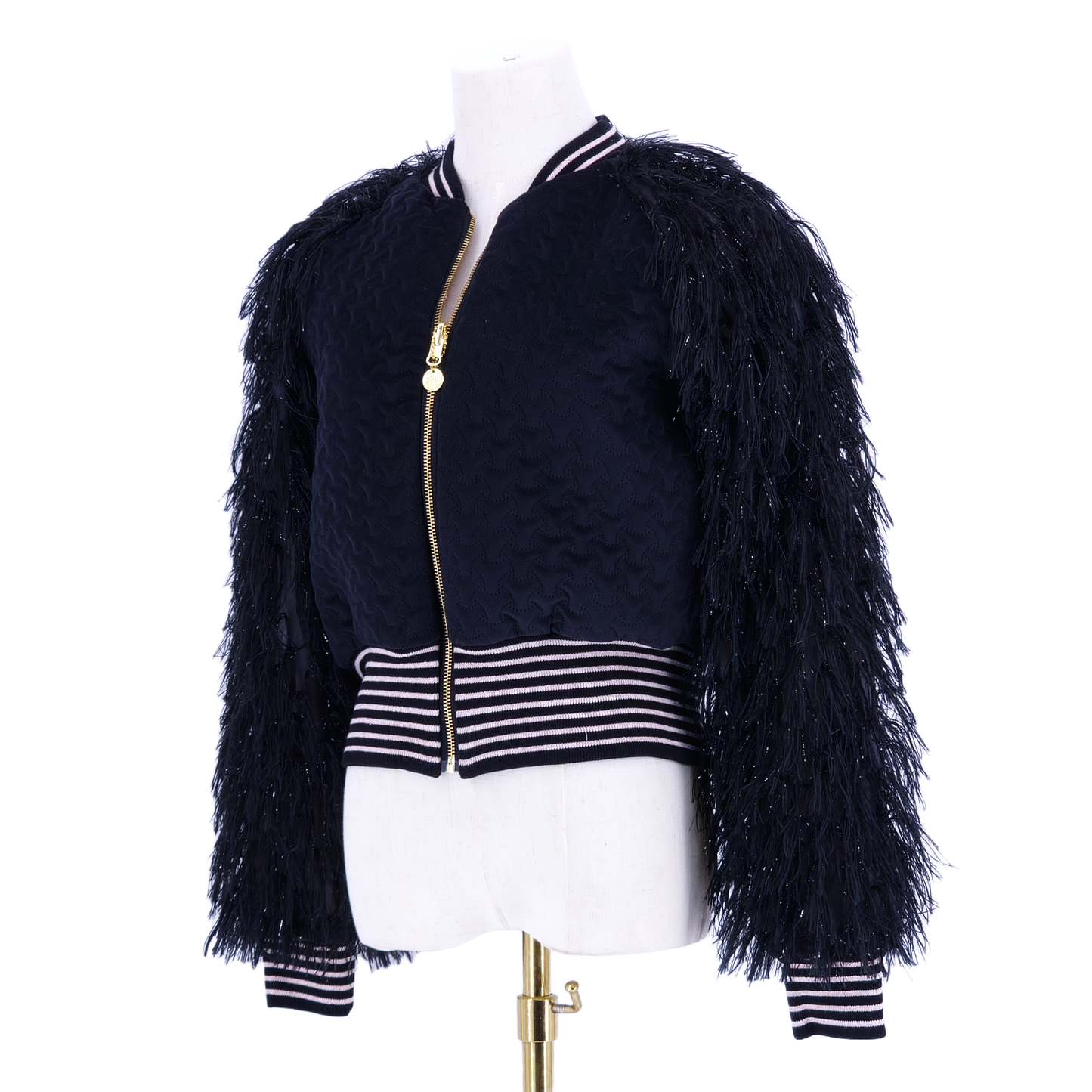 Large Black Quilted Velvet with Feather Like Fluff Sleeves