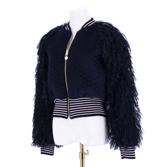 Large Black Quilted Velvet with Feather Like Fluff Sleeves