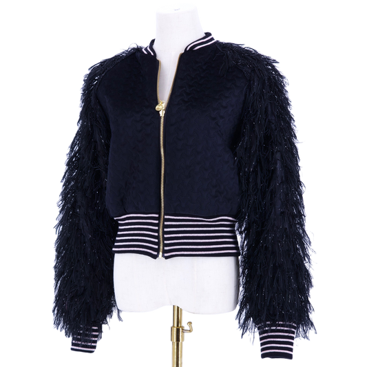 Medium Black Quilted Velvet with Feather Like Fluff Sleeves