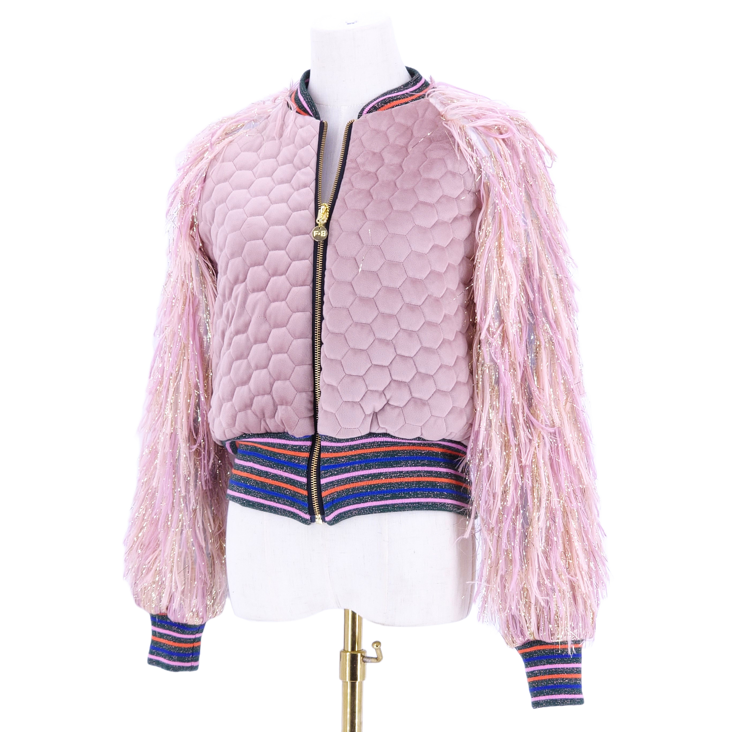 Medium Blush Pink Quilted Velvet with Feather Like Fluff Sleeves