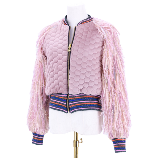 Medium Blush Pink Quilted Velvet with Feather Like Fluff Sleeves