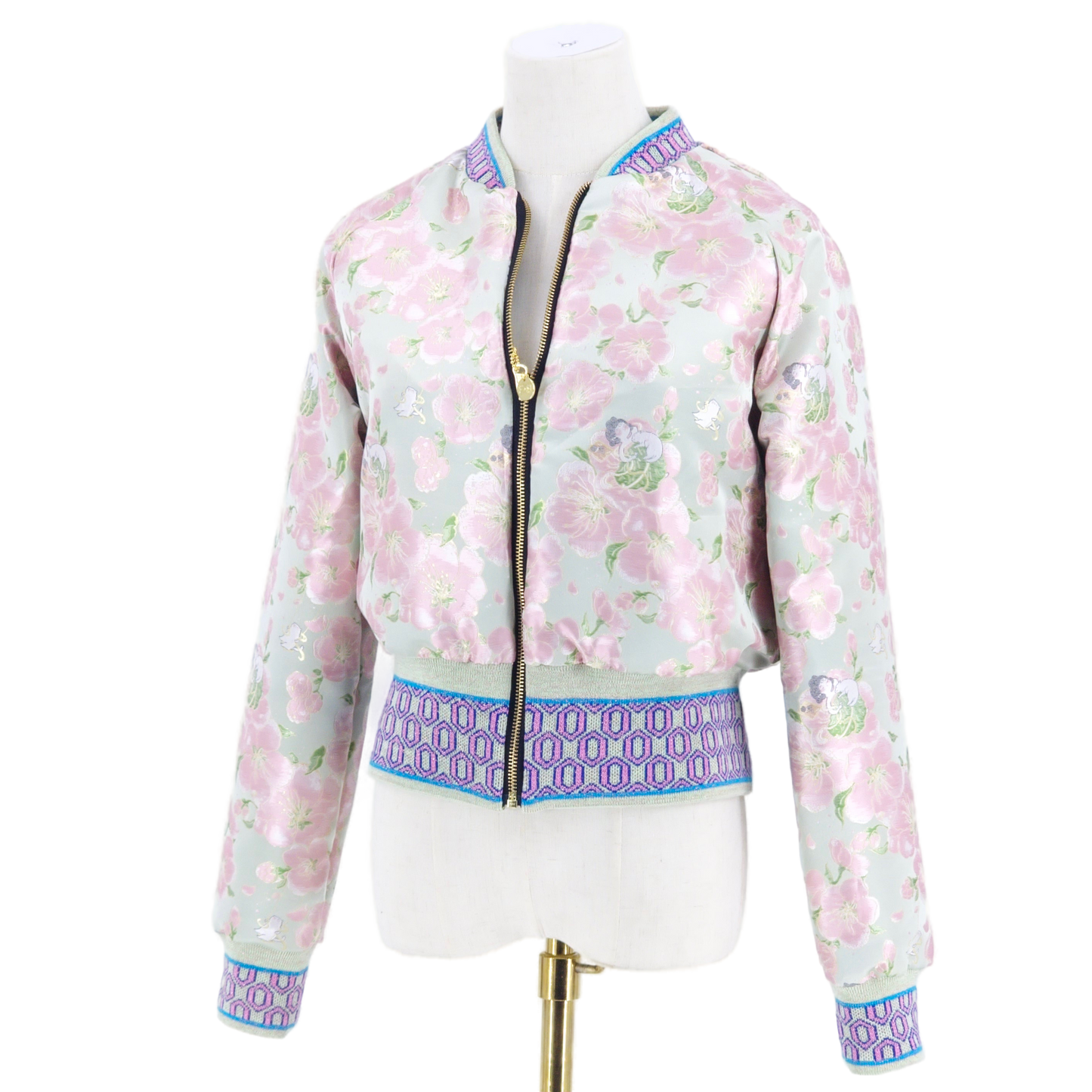 Medium Soft Green and Pink Blossom Jacquard