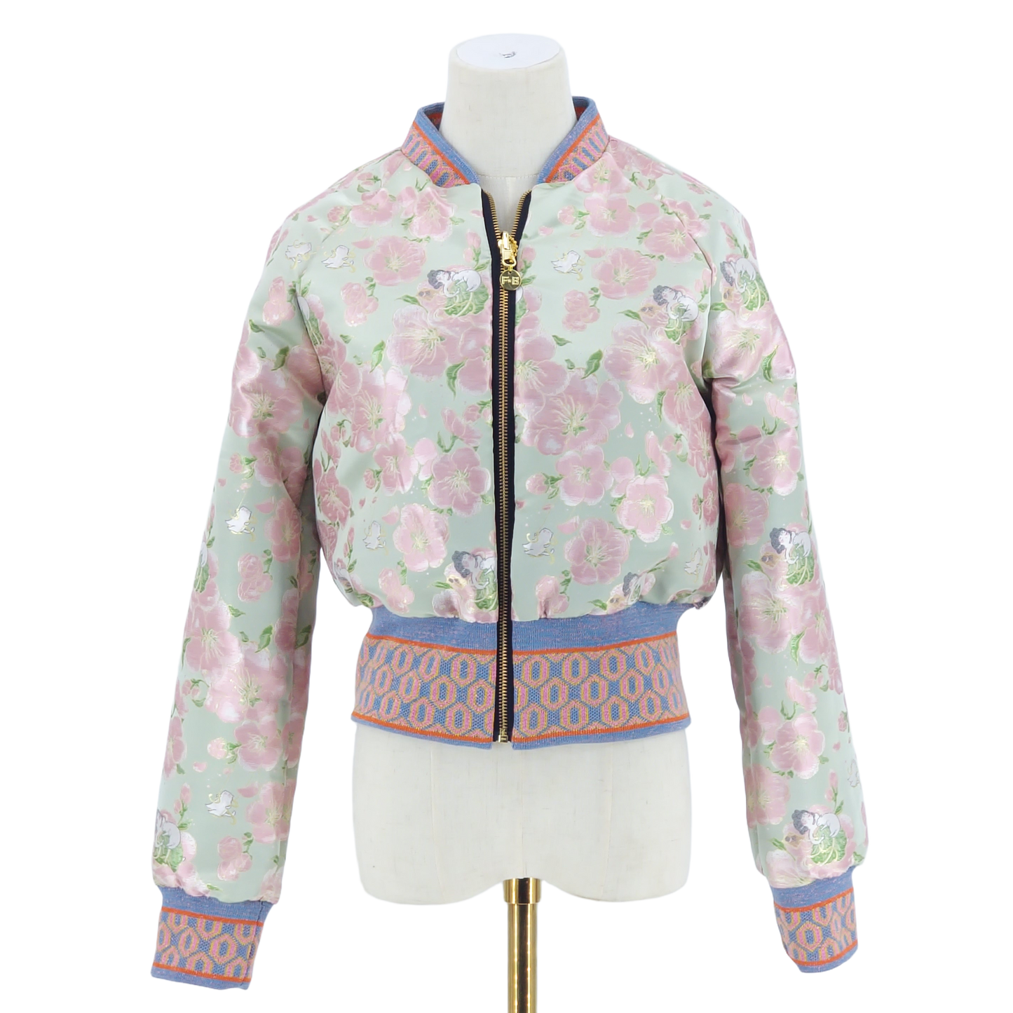 Small Mint Green and Pink Blossom Jacquard