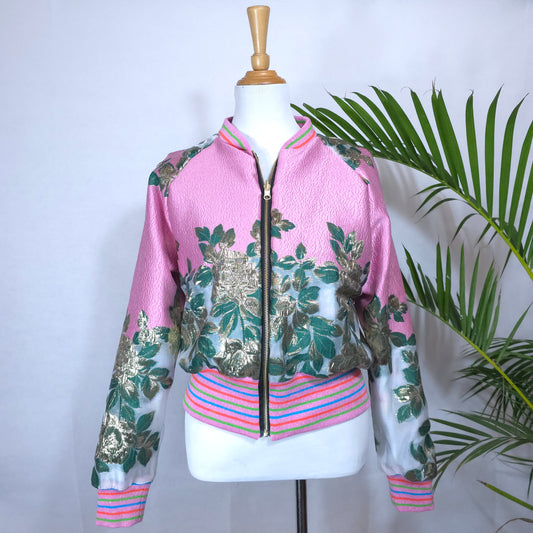 Large Candy Pink, Green and Gold Brocade