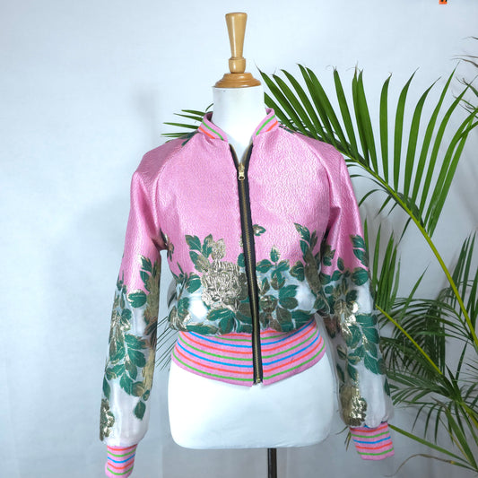 Small Candy Pink, Green and Gold Brocade